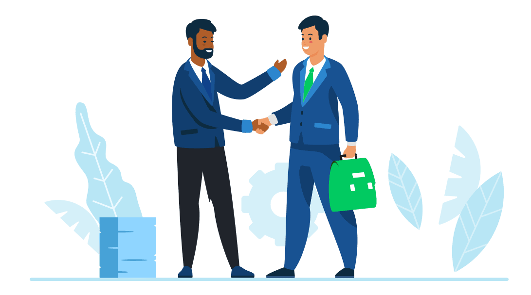 Two professionals in formal attire exchange a firm handshake, holding a green folder, symbolizing a successful HR process